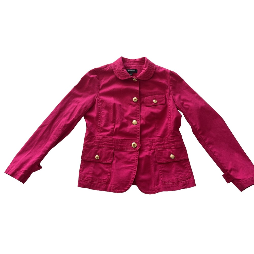 Talbots Women's Size 10 Hot Pink Fuscia Jacket Pocket Gold Button‎ Canvas Cargo